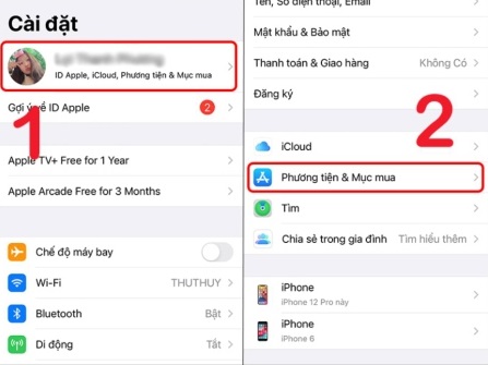 Bước 1: Vào Cài đặt => tài khoản ID Apple => chọn Phương tiện & Mục mua 